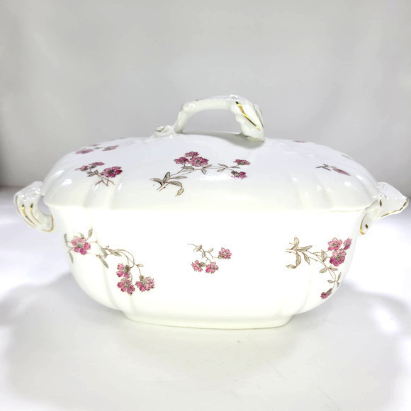 Antique A.K. Carlsbad Austria Tureen & Lid with Purple Flowers 1800s